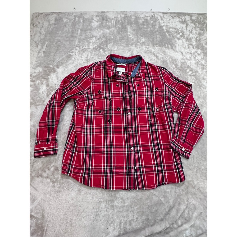 Charter Club Petite Red Plaid Beaded Button Down Shirt 16P Relaxed Fit Cotton